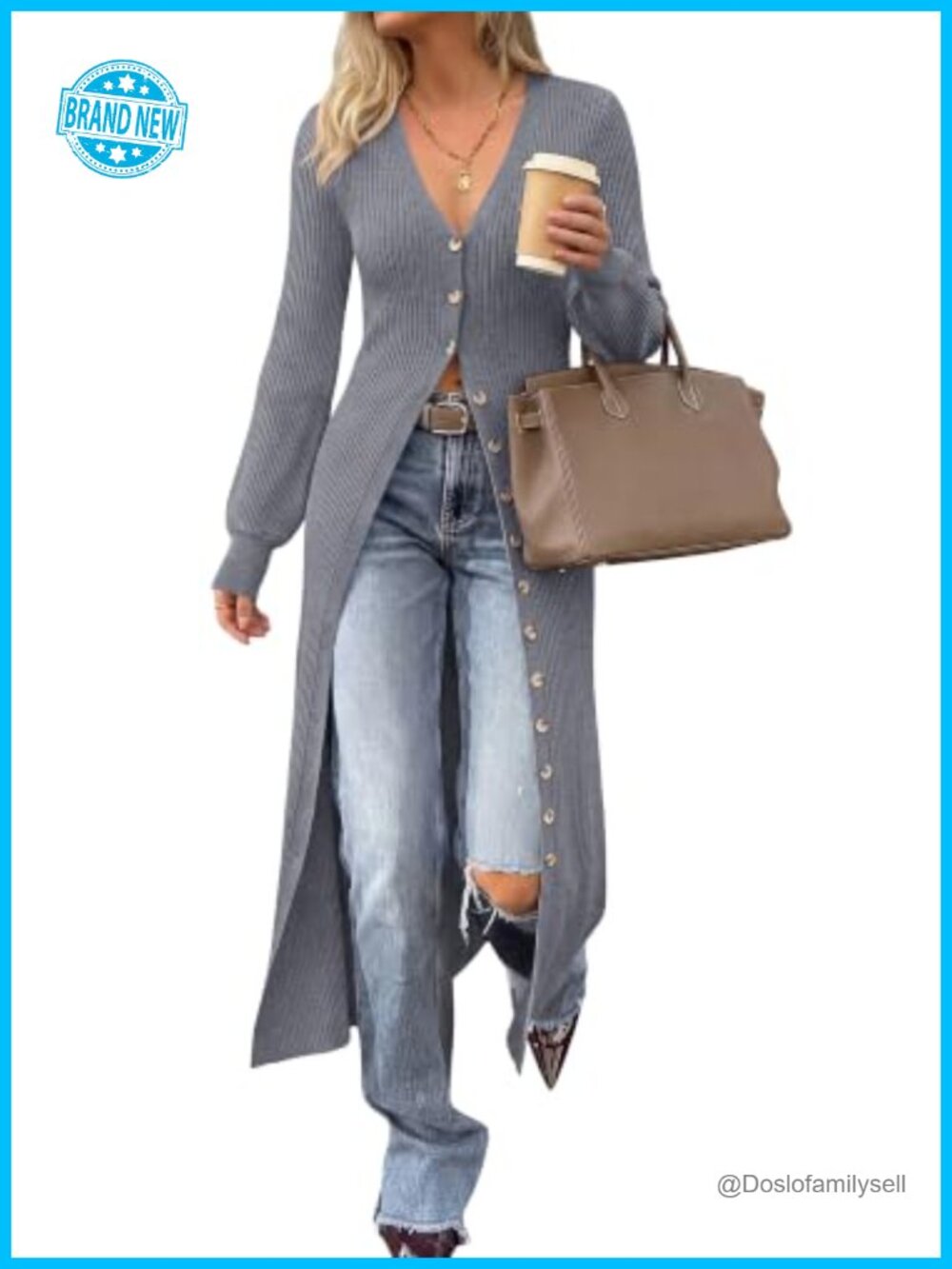 Ribbed Knit Button Up Long Cardigan V Neck Midi Sweater Dress